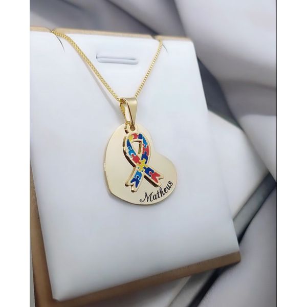 Colar Coração e Laço Quebra Cabeça Autismo Banhado a Ouro