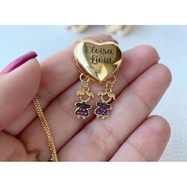 Colar Coração Personalizado e Dois Filhos Banhado a Ouro