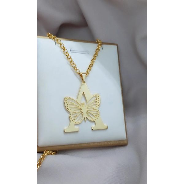 Colar Inicial Com Detalhe De Borboleta Banhado a Ouro Na Corrente De Elo Portugues 3mm