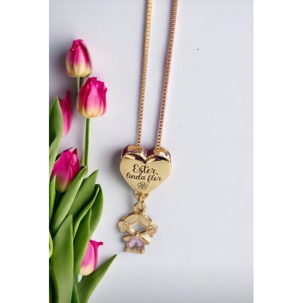 Colar Coração Personalizado Com Um Nome Ou Frase Pequena e Pingente De Filho (a) Banhado a Ouro