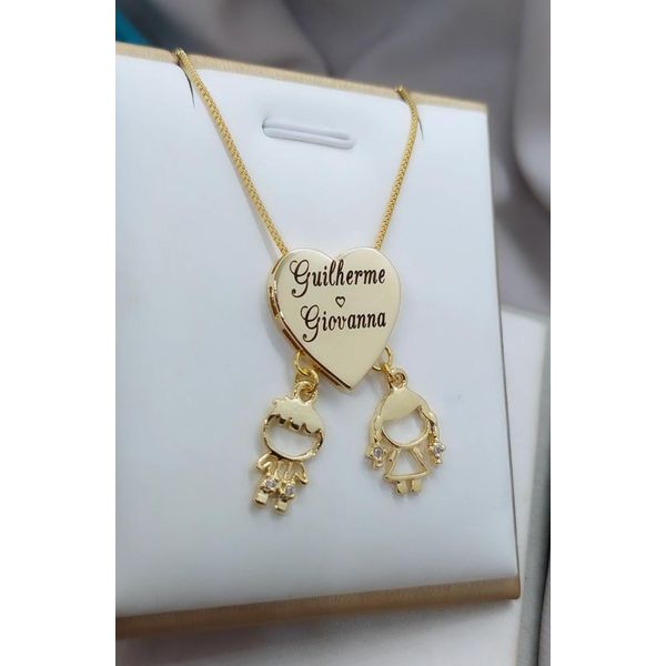 Colar Coração Personalizado e Dois Filhos Banhado a Ouro
