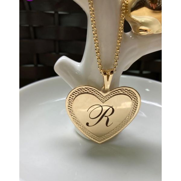 Colar Coração Personalizado Com Inicial Ou Nome Banhado a Ouro Na Corrente De Elo Portugues