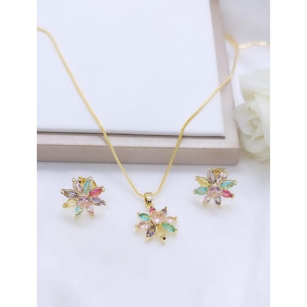 Conjunto Flor Zircônias Coloridas Banhado a Ouro