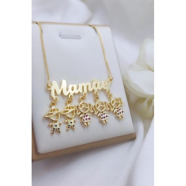 Colar Mamãe Com 5 Pingentes De Filhos Banhado a Ouro