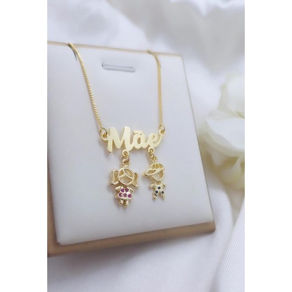 Colar Mãe 2 Filhos Banhado a Ouro