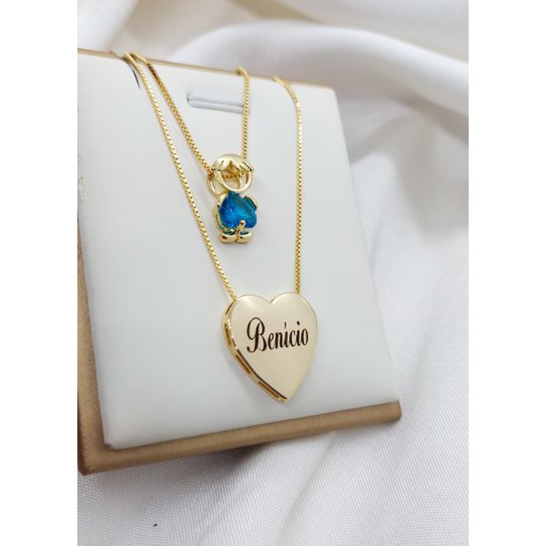 Colar Duplo Coração Personalizado 1 Nome e Pingente De Filho (a) Banhado a Ouro