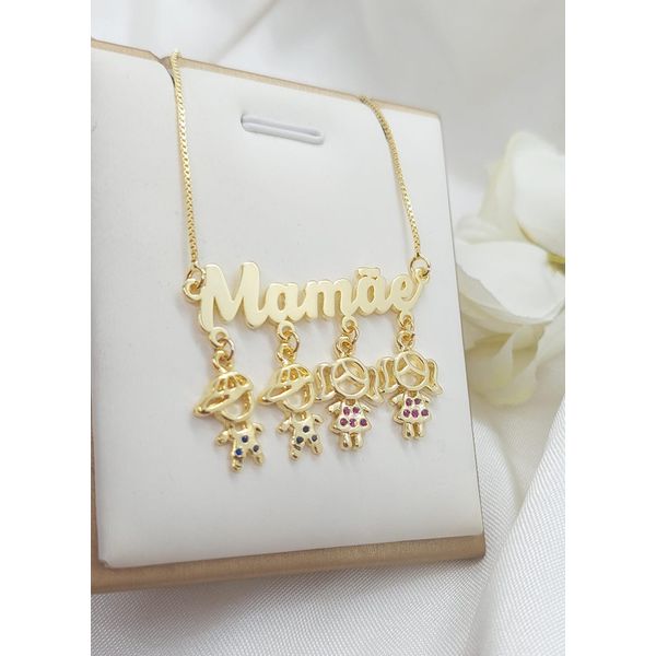 Colar Mamãe Com 4 Pingentes De Filhos Banhado a Ouro