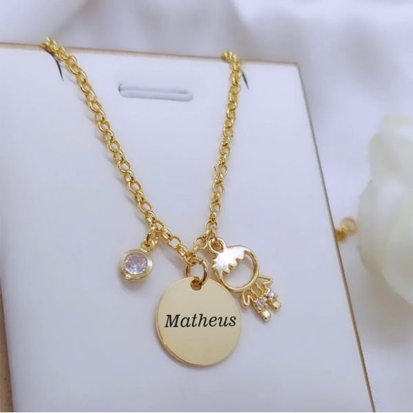 Colar Elo Portugues 2mm Com Pingente Personalizado e Filho (a) Banhado a Ouro