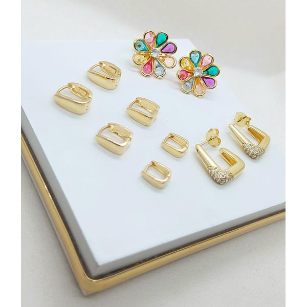 Kit de Trio de Argolas, Brinco Flor, Brinco Argola Banhados a Ouro