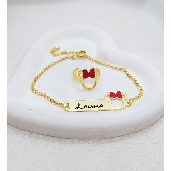 Conjunto Infantil Personalizado Pulseira e Anel Banhado a Ouro