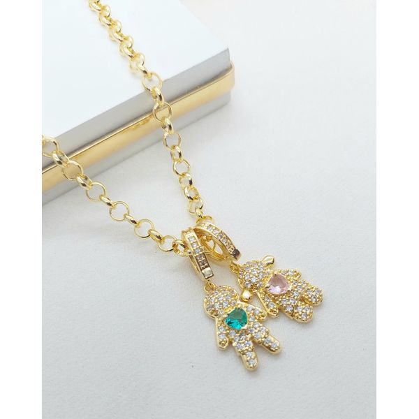 Corrente Elo Portugues De 5mm e Pingente De 2 Filhos Cravejados Banhado a Ouro 