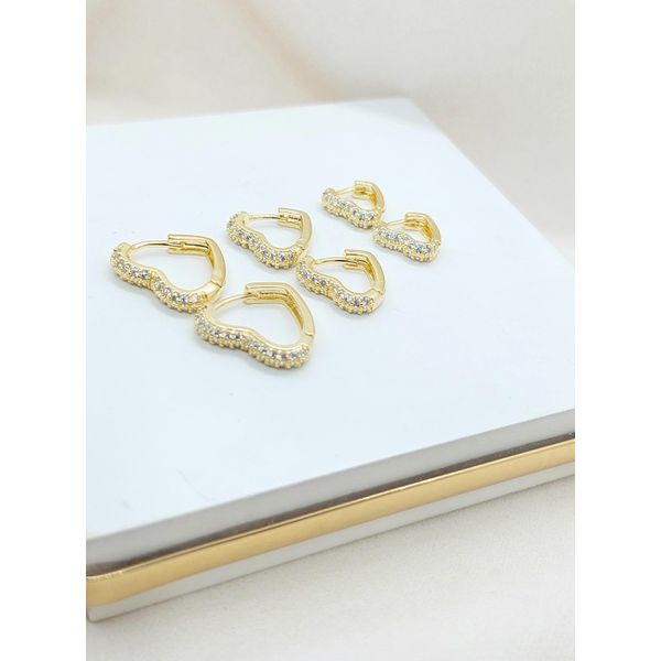 Trio Argola Coração Cravejado Zircônias Banhado a Ouro