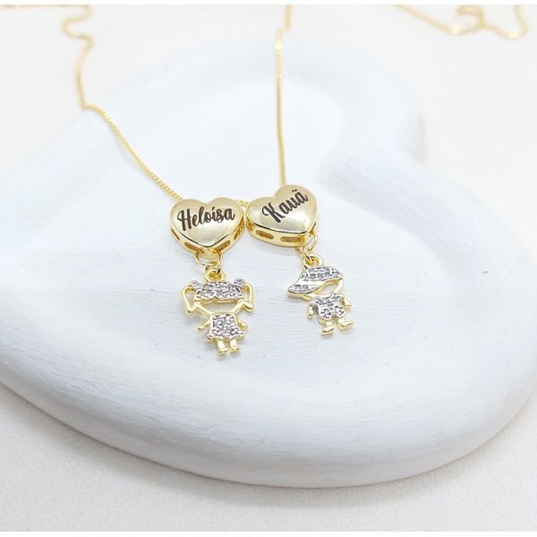Colar Dois Corações Personalizados e Pingentes De Filhos Cristal Banhado a Ouro