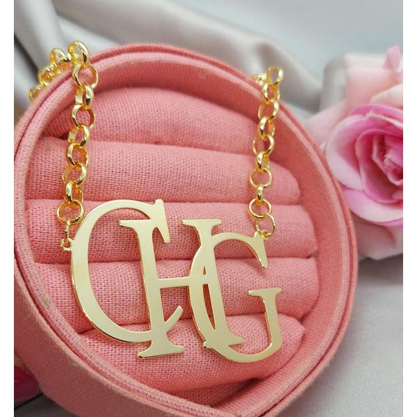 Colar Monograma Personalizado Banhado a Ouro 3 Letras Corrente Elo Portugues 5mm