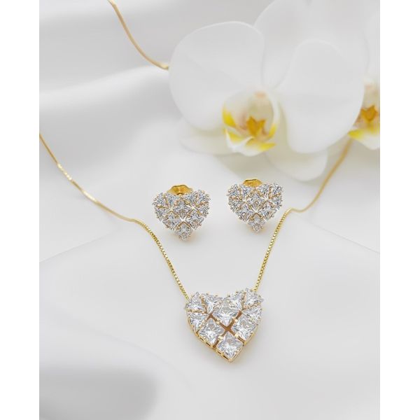 Conjunto Colar e Brinco Zircônias Coração Banhado a Ouro 