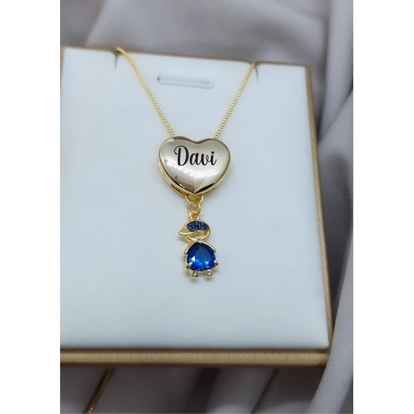 Colar Coração Personalizado Com Pingente Menino Pedra Banhado a Ouro