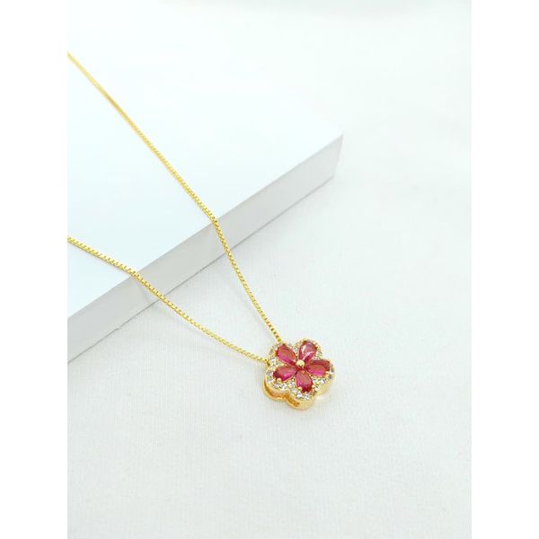 Colar Flor Zircônias Rosa e Brancas Banhado a Ouro 