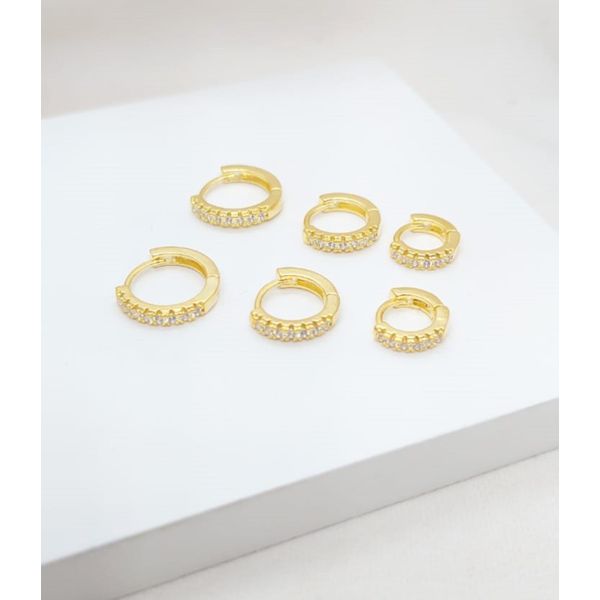 Trio De Brincos De Argolas Redonda Zircônias Banhado a Ouro