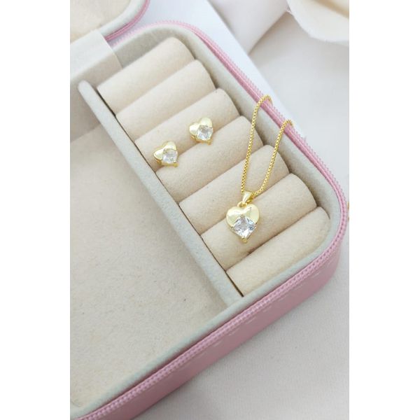 Conjunto Coração Com Pedra Banhado a Ouro 