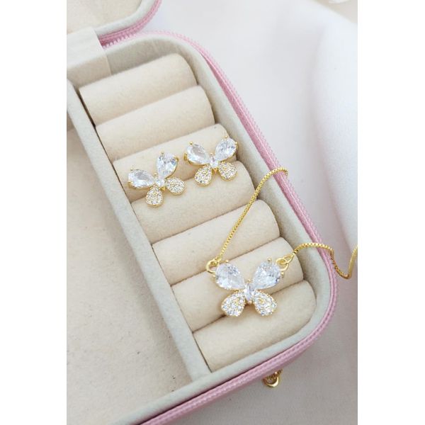 Conjunto Colar e Brinco Borboleta Zircônias Banhado a Ouro 