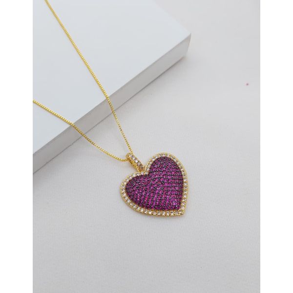 Colar Pingente Coração Cravejado em Zircônias Rubi e Cristal Banhada a Ouro 