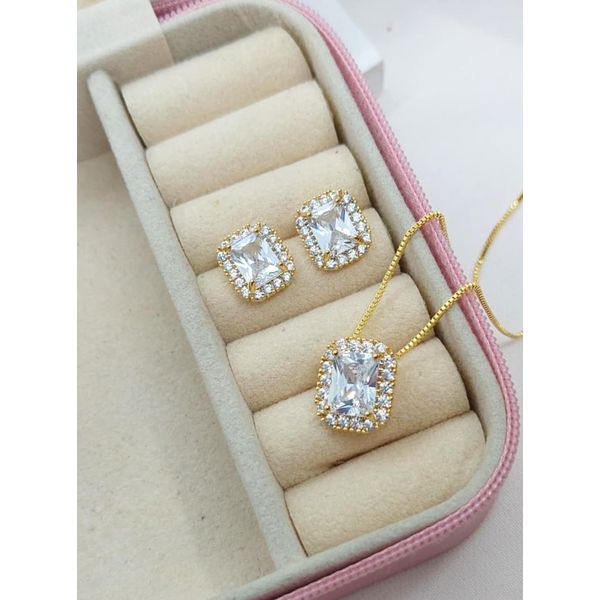 Conjunto Colar e Brinco Zircônias Banhado a Ouro 