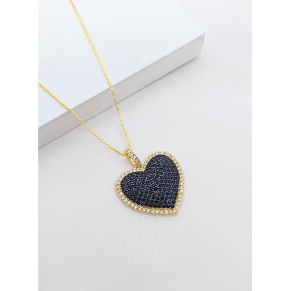 Colar Pingente Coração Cravejado em Zircônias Azul e Cristal Banhada a Ouro Copia