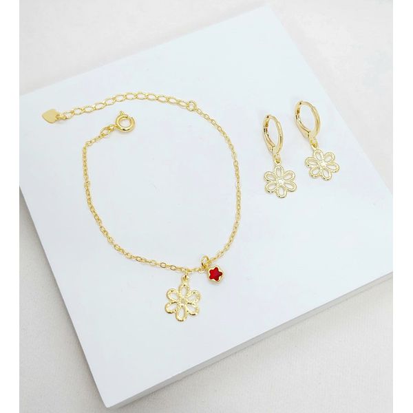 Conjunto Infantil Pulseira e Brinco de Argola Flor Banhado a Ouro 
