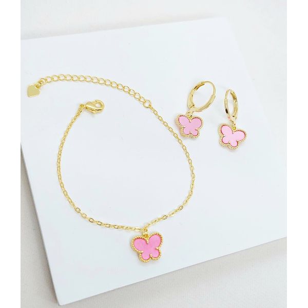 Conjunto Infantil Pulseira e Brinco de Argola Borboleta Rosa Banhado a Ouro 