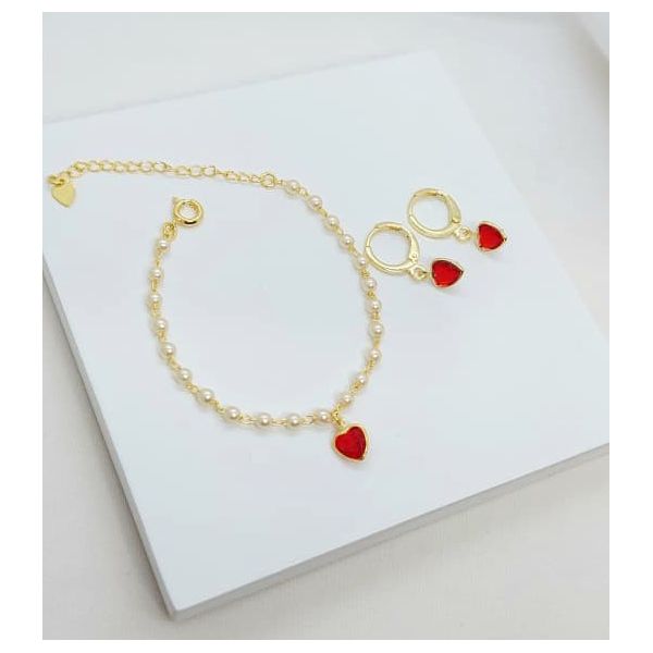 Conjunto Infantil Pulseira Pérola e Brinco de Argola Coração Banhado a Ouro