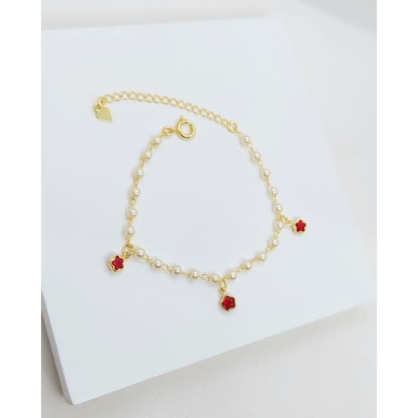 Pulseira Infantil Pérola Flor Pendurada Banhada a Ouro 