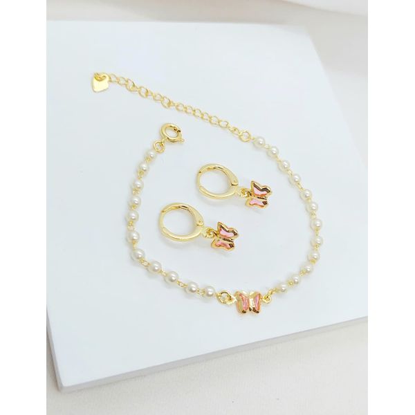 Conjunto Infantil Pulseira e Brinco de Argola Borboleta Banhado a Ouro 