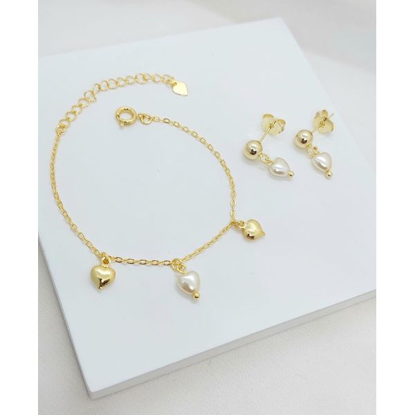 Conjunto Infantil Pulseira e Brinco Corações Banhado a Ouro 