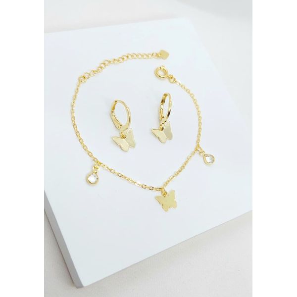 Conjunto Infantil Pulseira e Brinco de Argola Borboleta Lisa Banhado a Ouro 