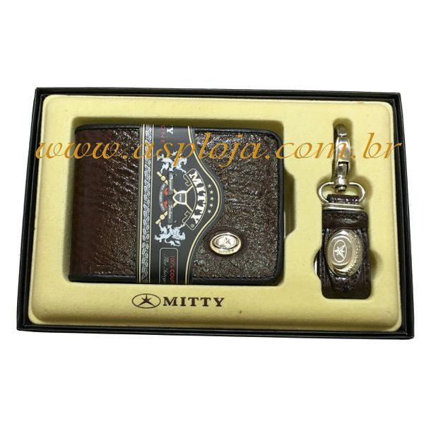 CA-731 - Conjunto de Carteira Masculina Mitty Couro Legitimo Com Chaveiro HG20 Cor Café