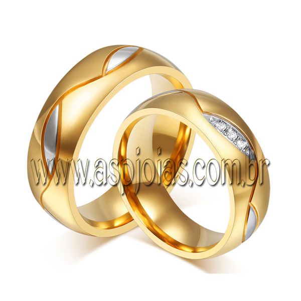 Aliança duo color de casamento ou noivado com brilhante personalizado em ouro amarelo largura 8,0mm-
