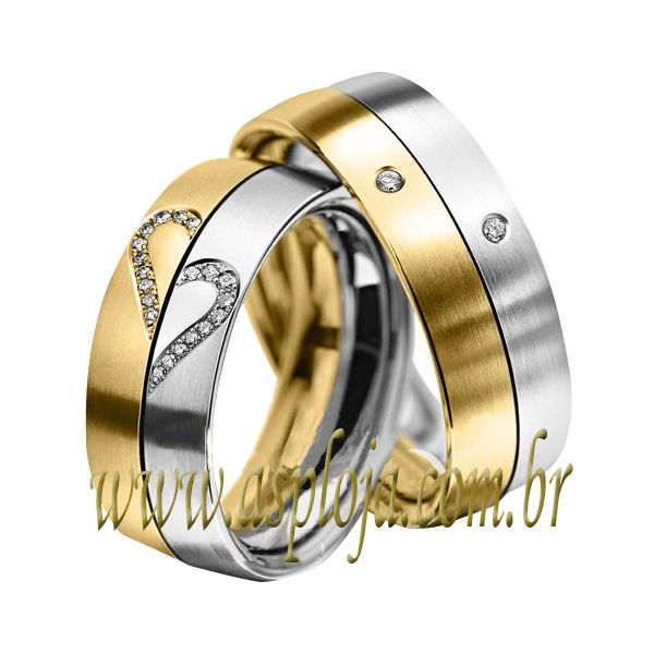 Aliança de Noivado ou casamento duo cor bicolor confort cravada com diamantes 6,50 mm de largura