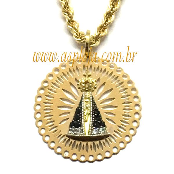 PG-20-Pingente de Ouro 18K com Imagem de N. S. Aparecida com Manto Azul formato Mandala Redonda