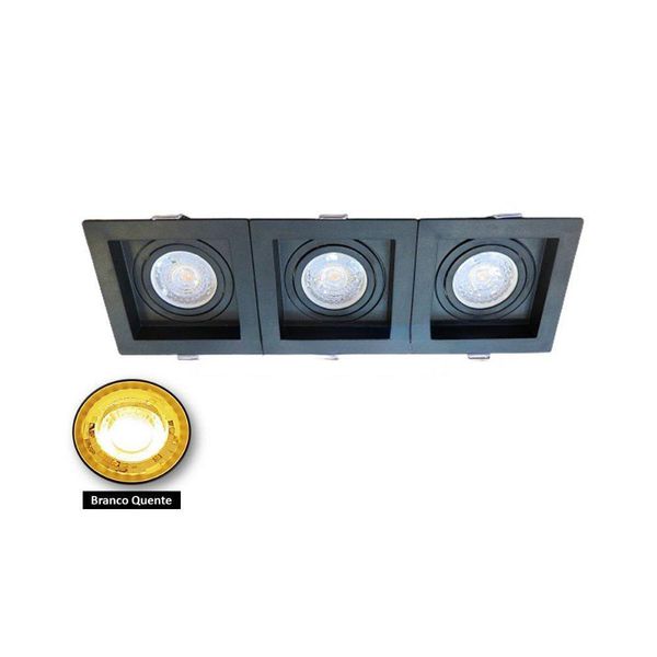 Spot Recuado Triplo Preto Para Dicroica Mr16 Led Medidas 30x10cm Branco Quente