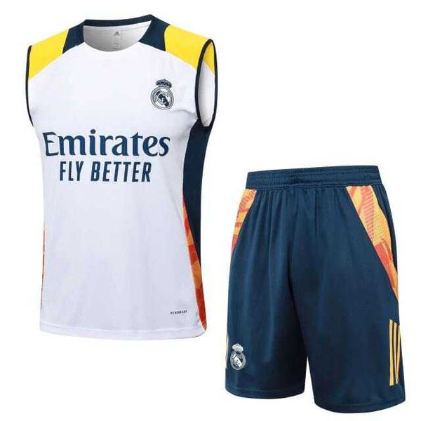 Conjunto Treino Regata E Short Real Madrid 2024/25 - Branco/Detalhe Amarelo