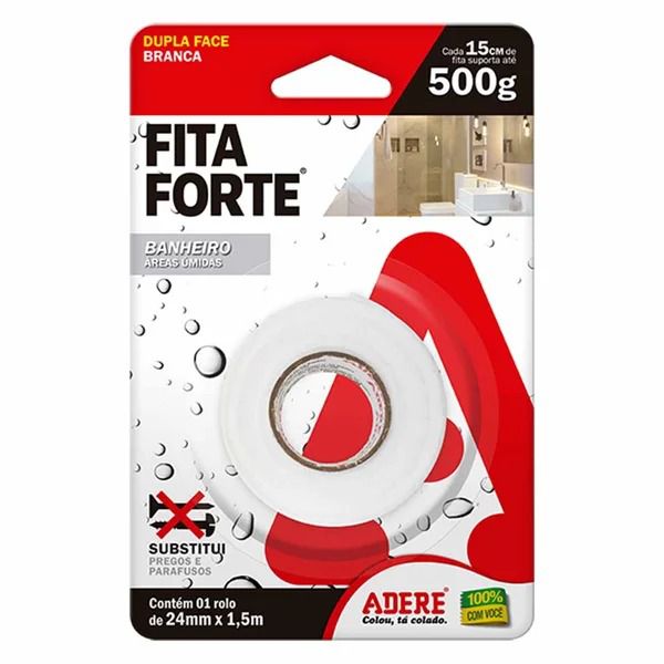 ADERE FITA FORTE DUPLA FACE ESPUMA BRANCA AREAS UMIDAS 24MM X 1,5M