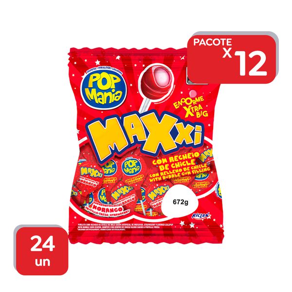 Pirulito Pop Mania Maxxi Morango - 12x24Un
