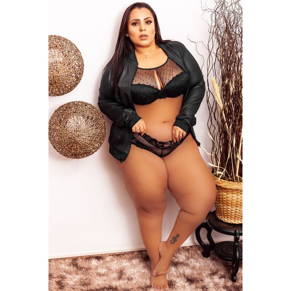 Conjunto Plus Size Tule Preto Bolinha Caleçon Renda 206.36