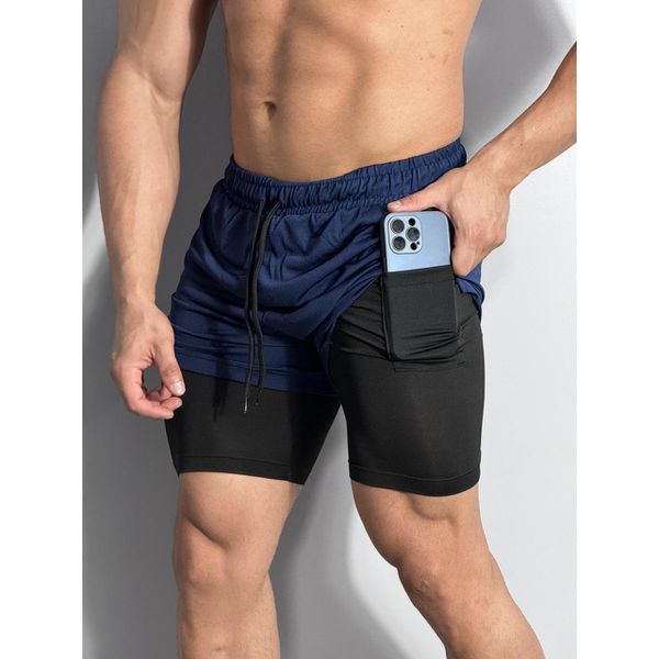 Short Dryfit Termico 2 Em 1 Liso Azul Marinho