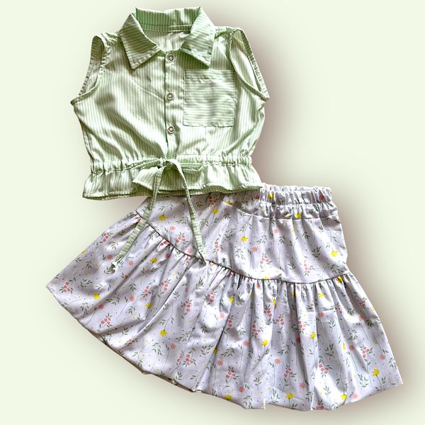 Conjunto Cecilia floral listras verde