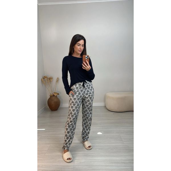 Pijama Longo Preto Estampado