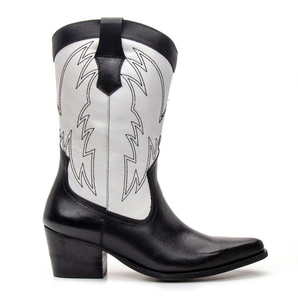BOTA TEXANA CANO MÉDIO FEMININA COURO PRETO E BRANCO