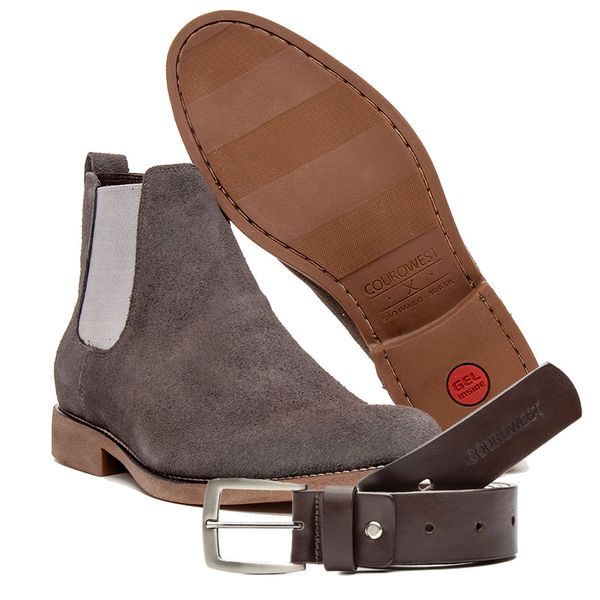 KIT BOTA CHELSEA E CINTO COURO CAMURÇA CINZA