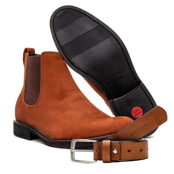 KIT BOTA CHELSEA E CINTO COURO NOBUCK AVELUDADO CARAMELO.