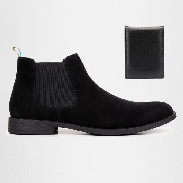 Botina Chelsea Masculina Couro Legítimo Nobuck + Carteira - Preto